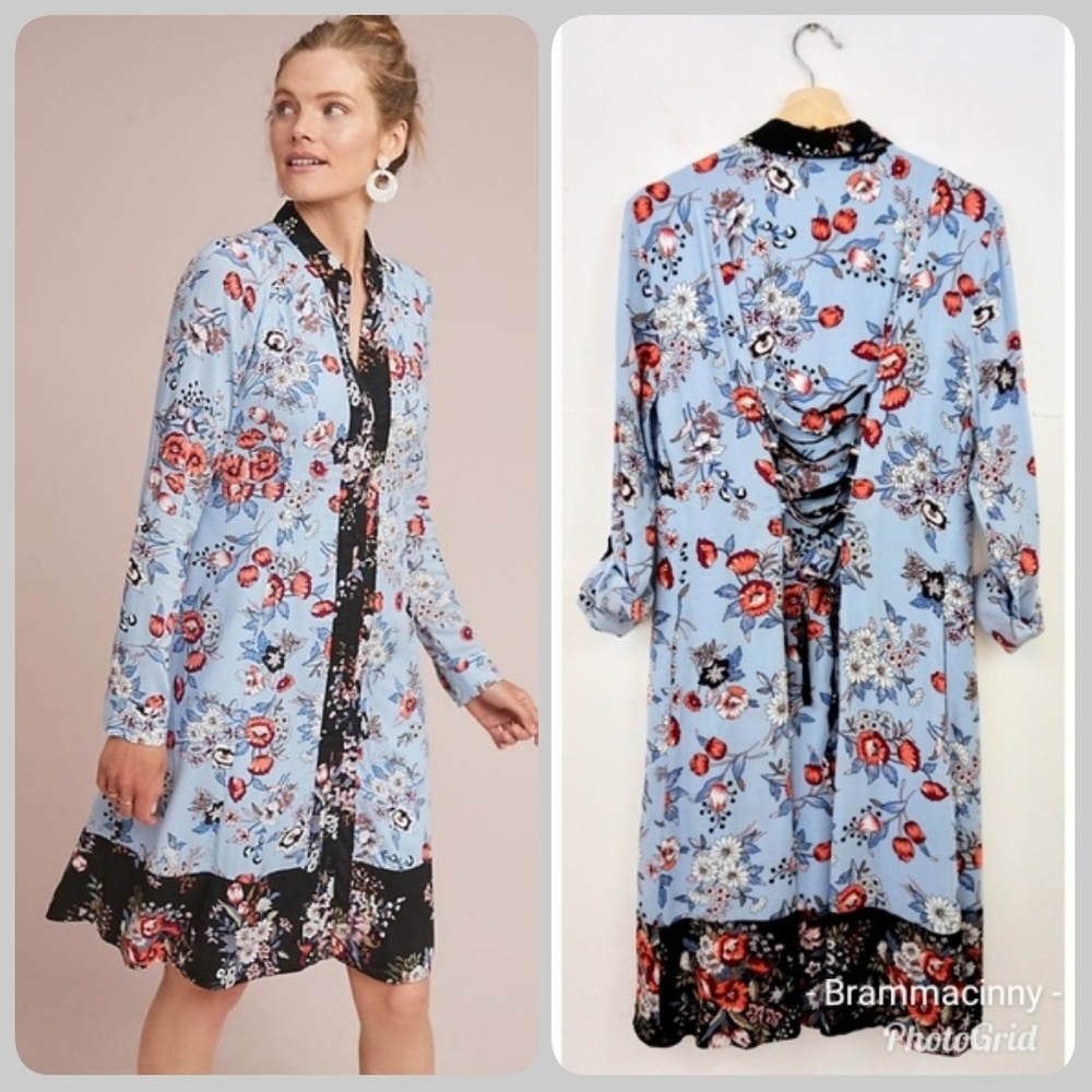 Anthropologie Maeve Leyster Floral Tie Shirt Dress